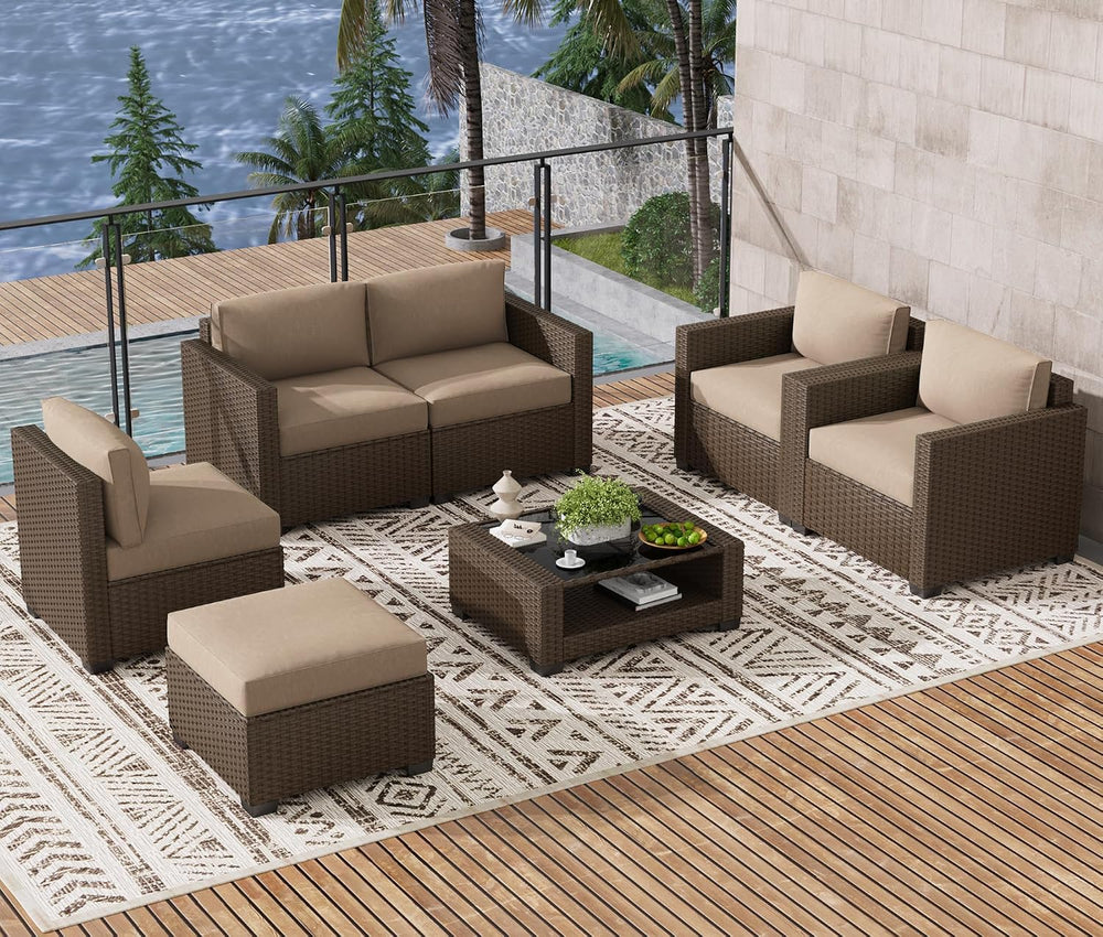 LOUVIXA 7 Piece Outdoor Patio Furniture Set, Rattan Chairs Glass Table Wicker...