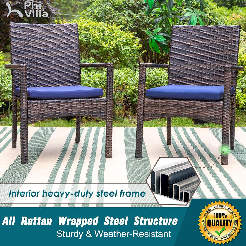 PHI VILLA 5pc Patio Dining Set with 10ft Blue Umbrella, 4 Rattan Chairs