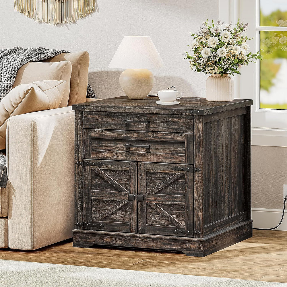 RALGEND Farmhouse End Table with Charging Station, 24'' Sofa Side Tab...
