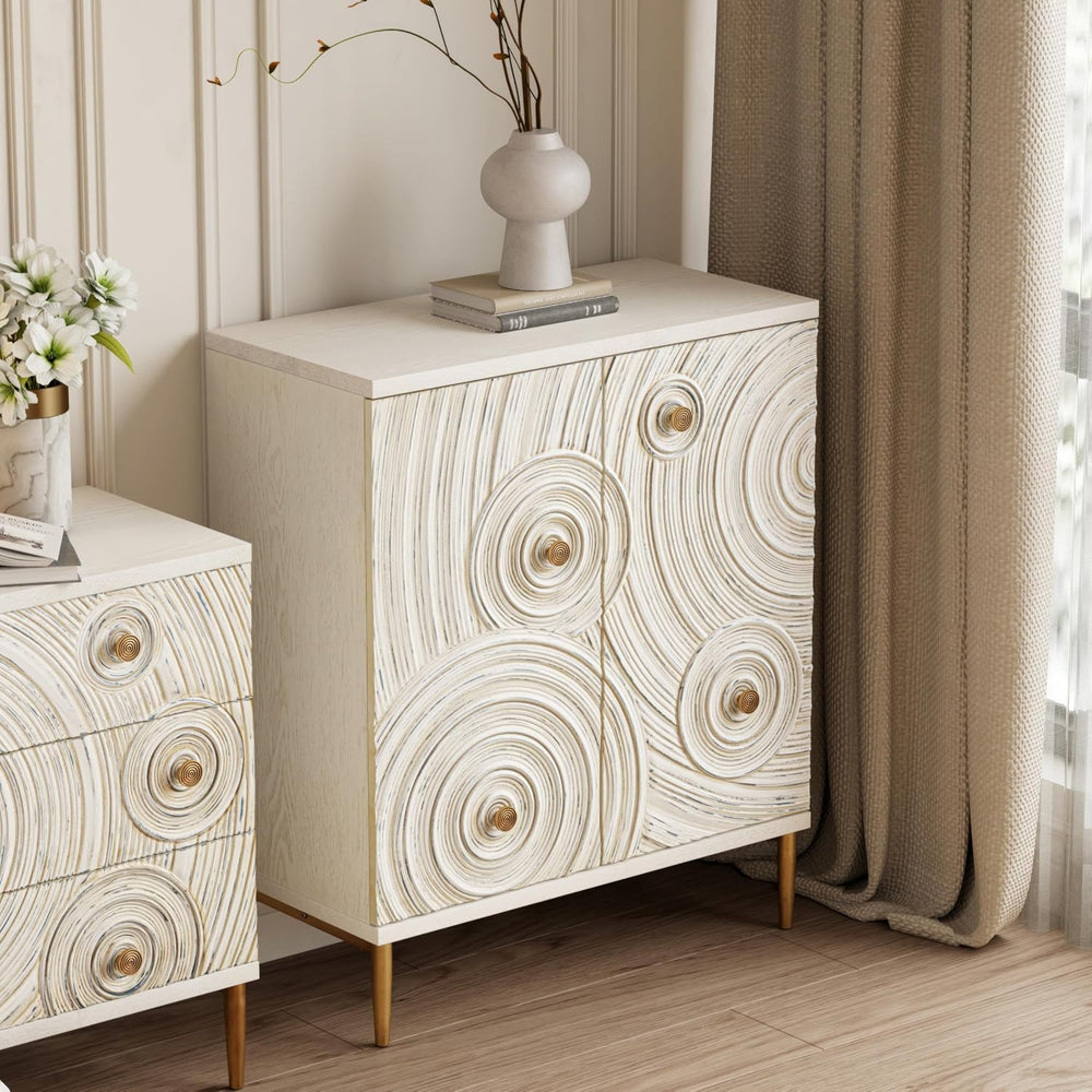 Aoikax Boho Embossed 2 Door Storage Cabinet with Ring Motif, White and Gold