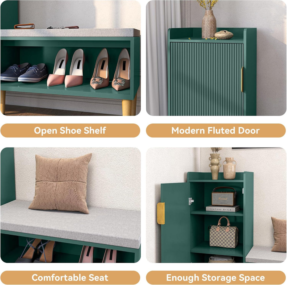 Storage Bench with Fluted Door&Shelf, Modern Entryway Bench with Padded S...