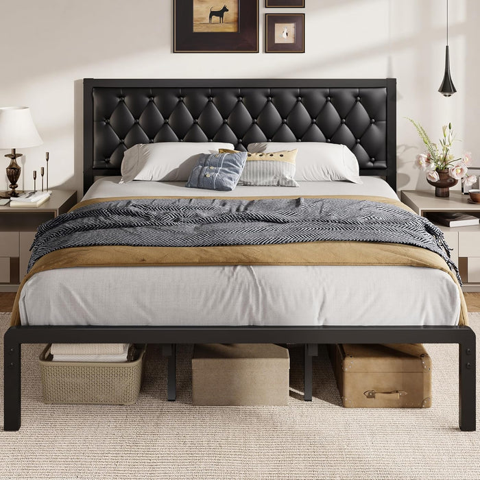 Fluest King Bed Frame with Headboard PU Leather Upholstered Bed Frame Platform,All Metal Slats Support Platform Bed Frame with Storage Space,Easy Assembly,Noise Free,No Box Spring Needed,Black
