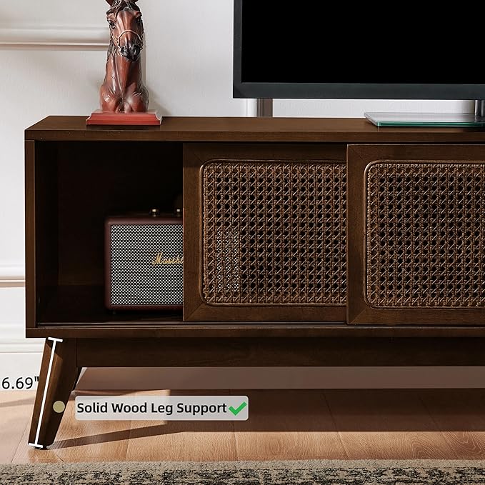 LKTART Boho Mid Century TV Stand,59" Rattan Entertainment Center,Media C...