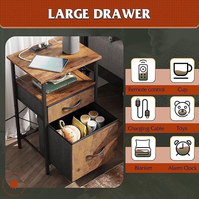 WLIVE Night Stand Set 2, Nightstand with Charging Station, Bedside Tables for...