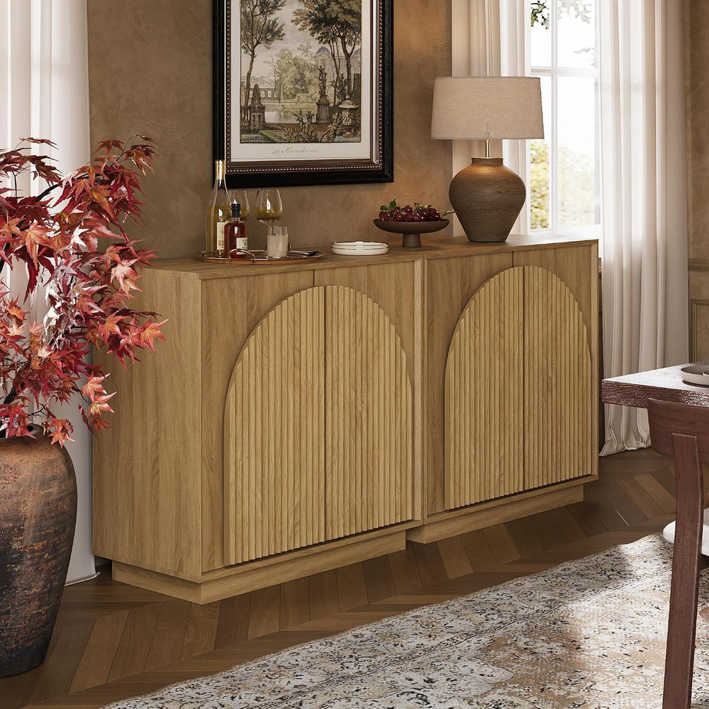win2win 31.5" Small Buffet Cabinet with Storage, Arched Doors, Oak, 1PCS