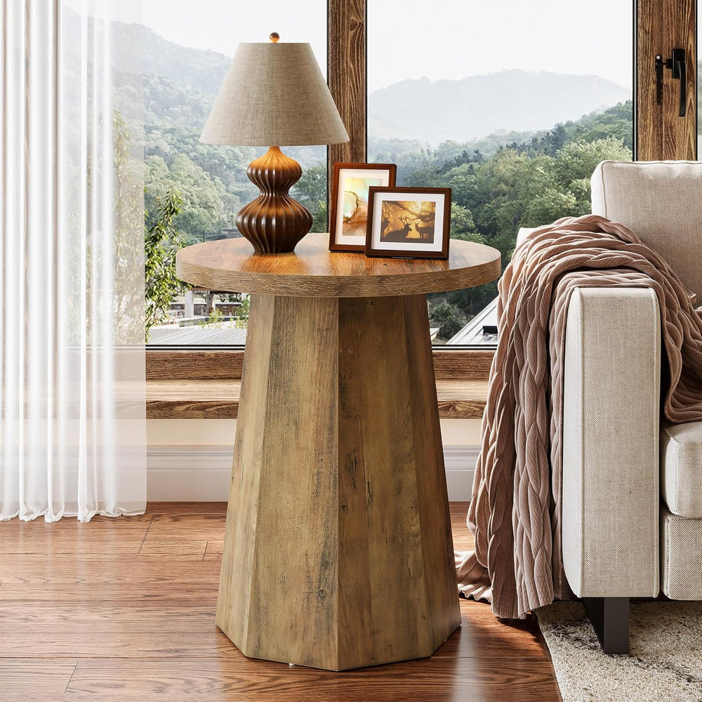 Tribesigns Round Pedestal End Table, Farmhouse Couch Side Table with Octagona...