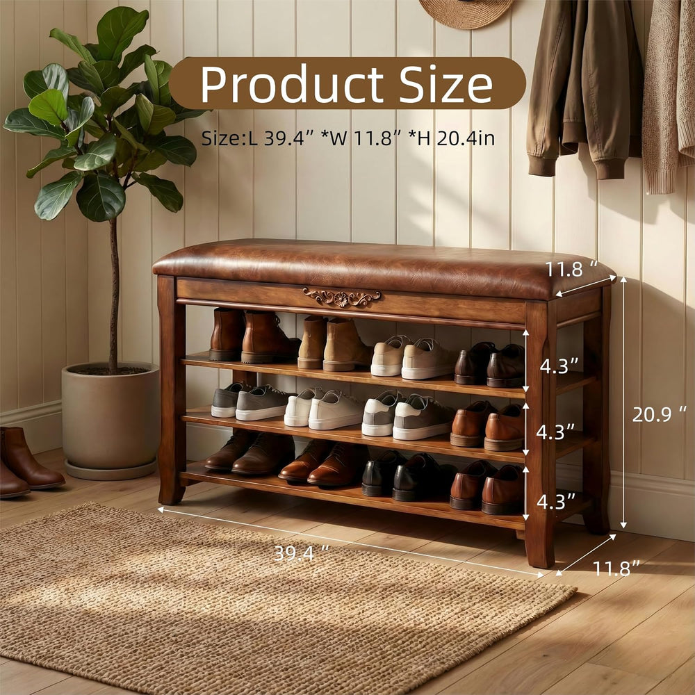 Shoe Rack Bench Entryway Storage with Leather Cushion, 39.4"