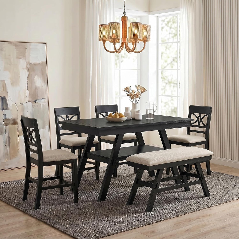 Merax 6-Piece Wood Counter Height Dining Table Set with Storage Shelf, Rustic...