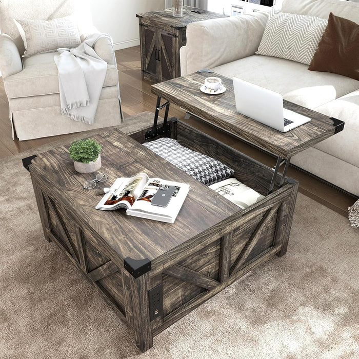 jimeimen 35.6" Farmhouse Lift Top Coffee Table with Storage, Square Coffee Tables for Living Room with Charging Station, Wood Storage Living Room Center Table w/Large Hidden Compartment, Dark Grey