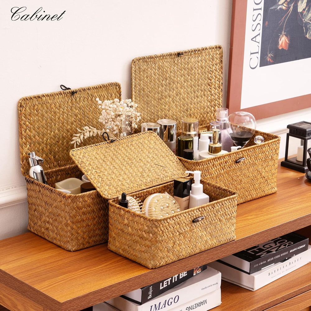 Nonam Wicker Storage Basket with Lid,Seagrass Shelf Basket Set of 3,Natural