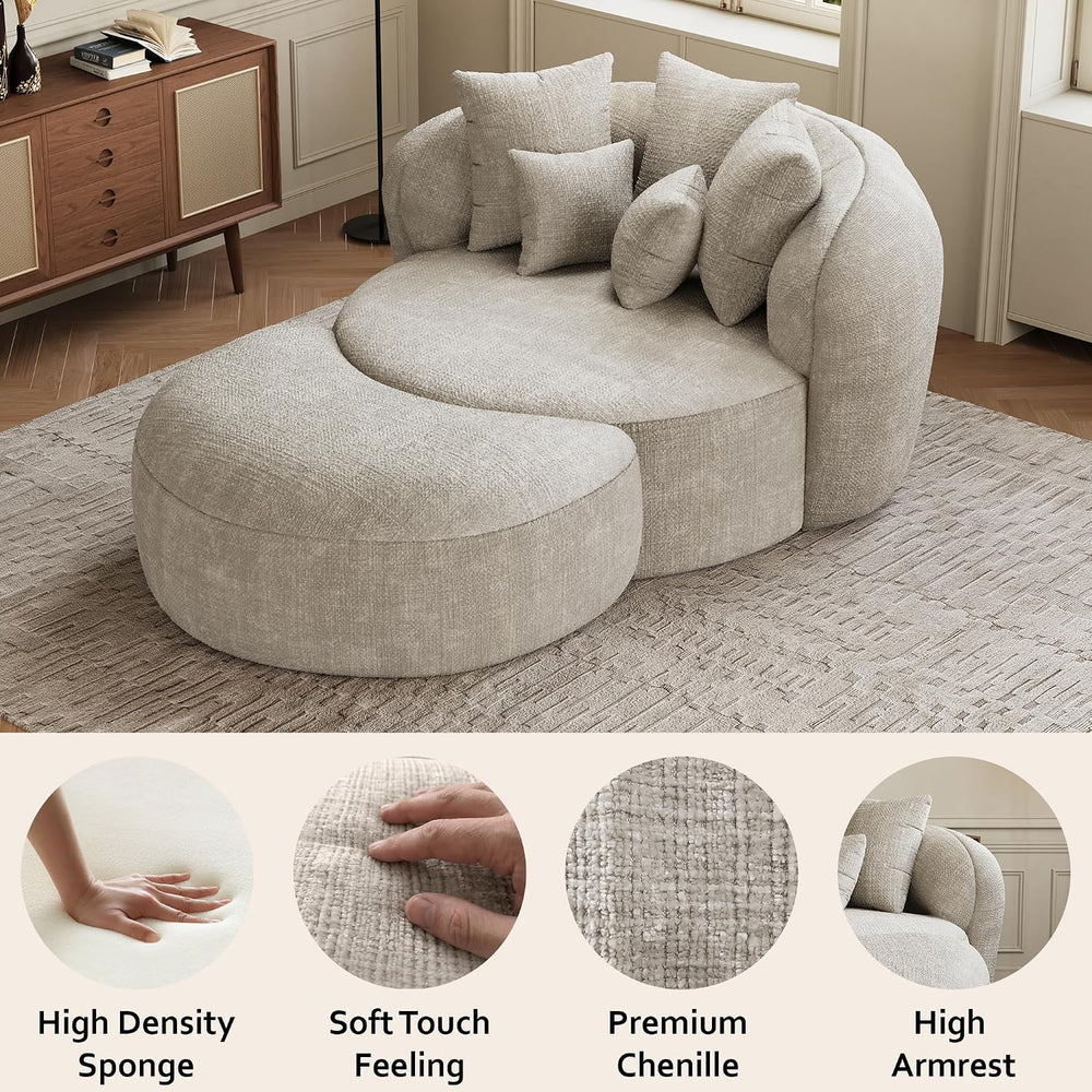 53.5" Oversized Round Chaise Lounge with Ottoman, Chenille, Beige White ...