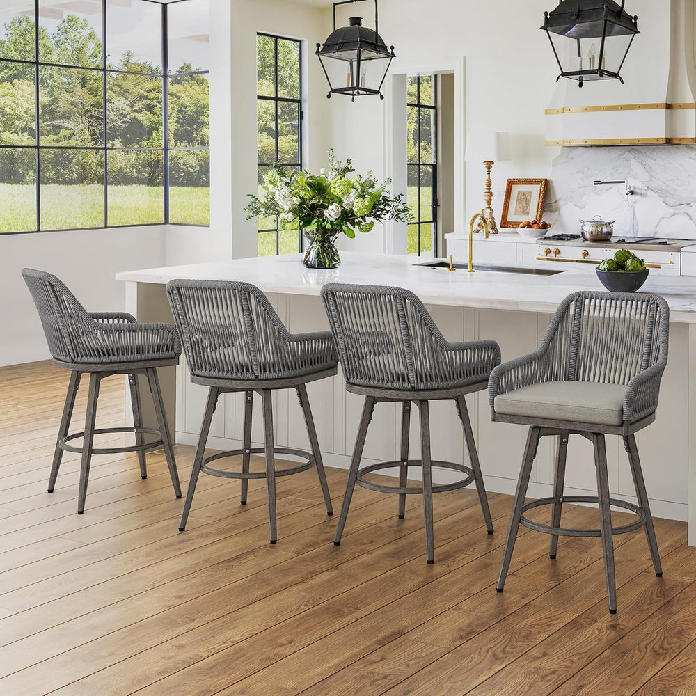 Cozyman Outdoor Bar Stools Set of 6, 360° Swivel Aluminum Rattan Bar Stool wi...