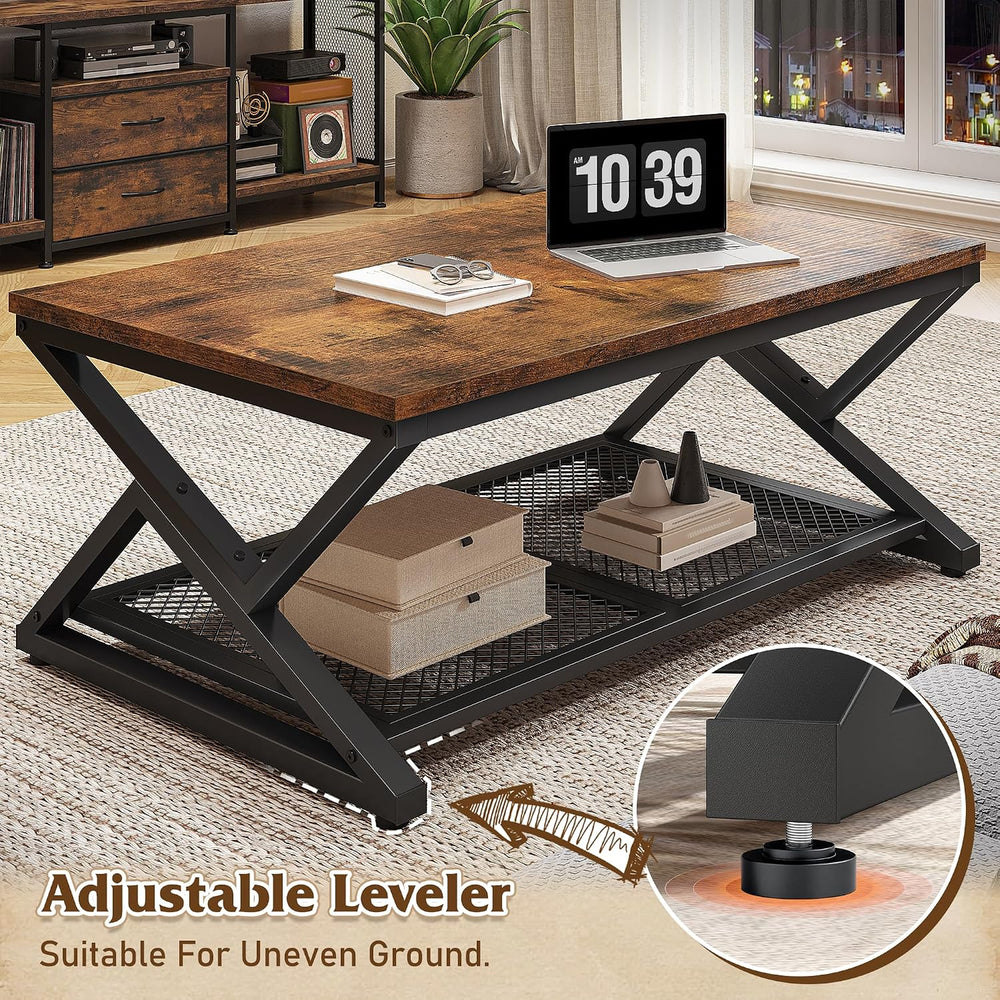 EnHomee Coffee Table with Storage & Shelf for Living Room, Rustic Brown