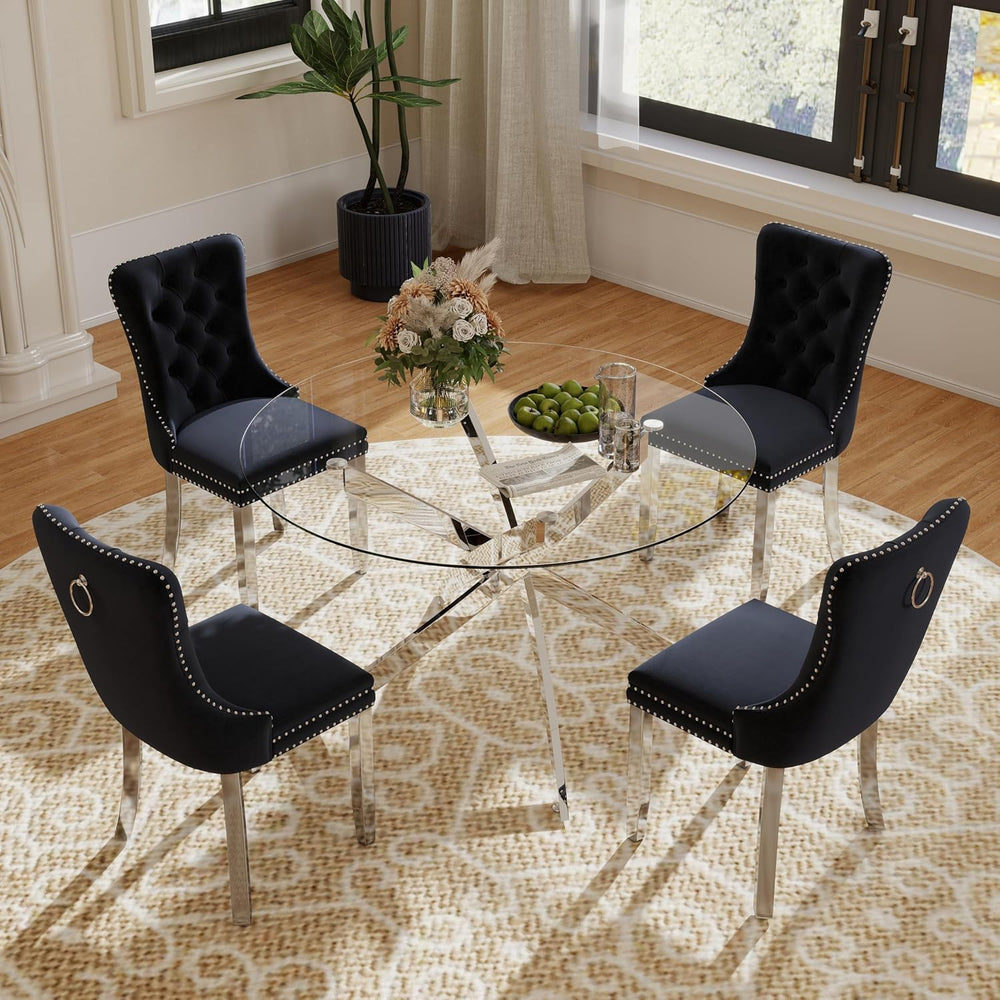 Clear Round Glass Top Dining Set for 4, 36'' Modern Luxury Circle Din...