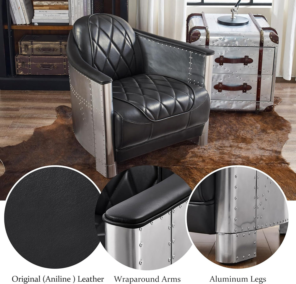 Volans Mid Century Modern Genuine Leather Accent Arm Chair with Vintage Alumi...