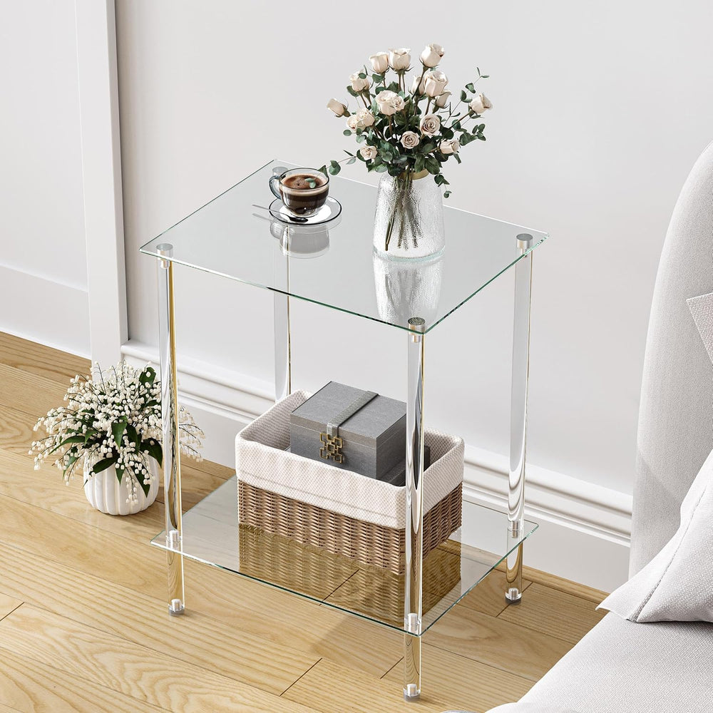 Tempered Glass Side Table, Acrylic End Table, 2-Tier Transparent Nightstand, ...