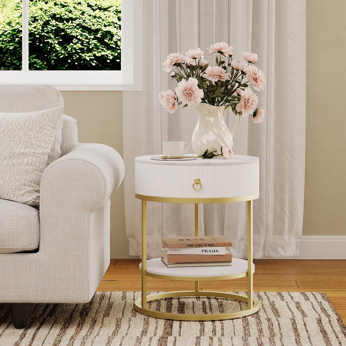 COSIEST Round Side Table with Drawer, Modern Tall Nightstand with Faux Marble Tabletop, 2-Tier Small Round End Table, Wood Bedside Table for Living Room, Bedroom, Dorm, Small Spaces, White and Gold