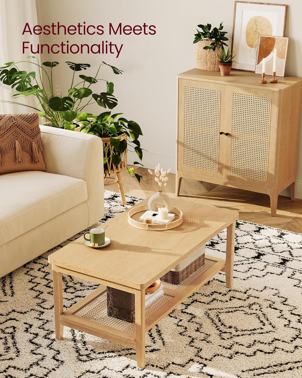VASAGLE 2-Tier Coffee Table for Living Room, with PVC Rattan Storage Shelf