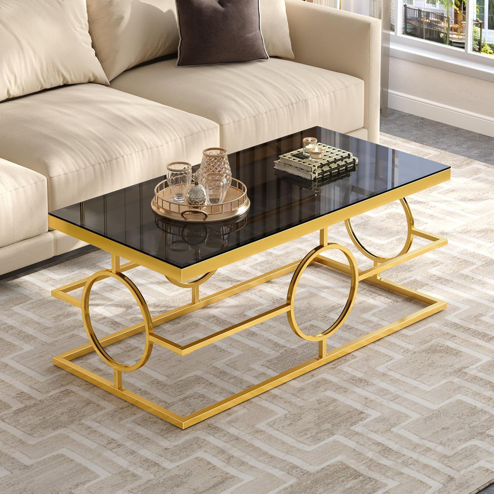 Glass Nesting Coffee Table Set with Metal Frame & Glam Design, Gold &...