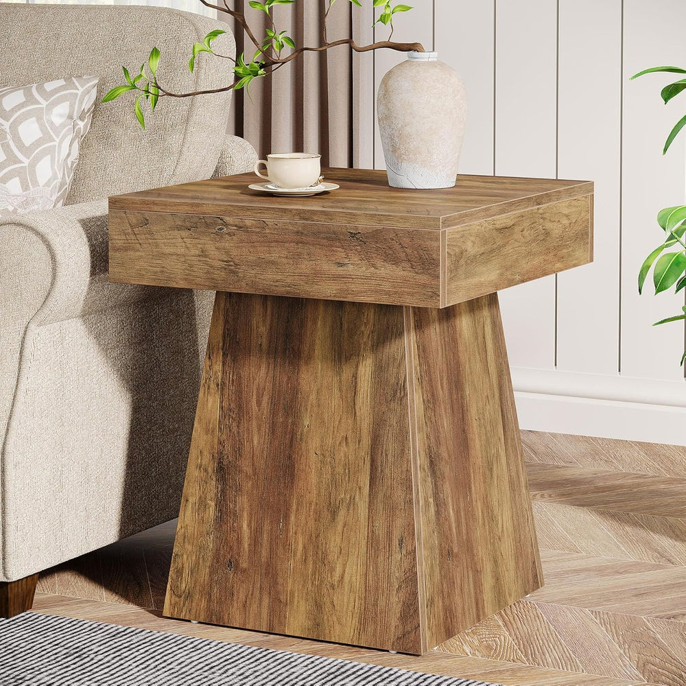 Tribesigns Small End Table, Rustic Square Side Table with Wide Base, Farmhous...