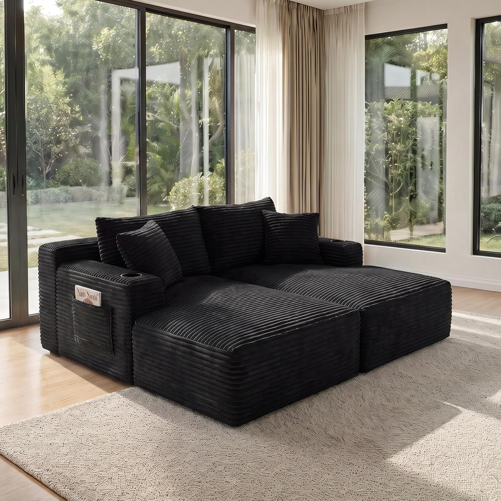 133" U-Shaped Modular Sectional Sofa, Corduroy Couch, Black | Cloud Luxu...