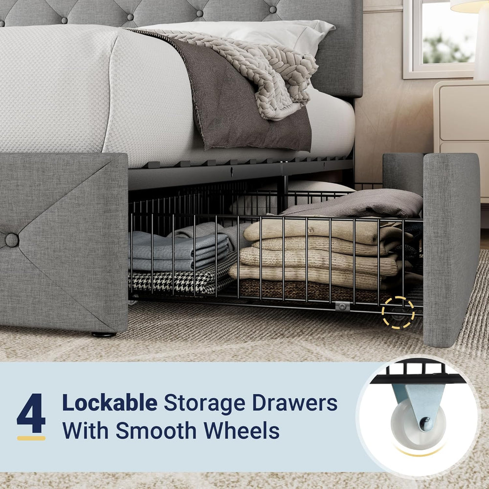Allewie Queen Size Storage Bed Frame with 4 Underbed Drawers, Light Grey