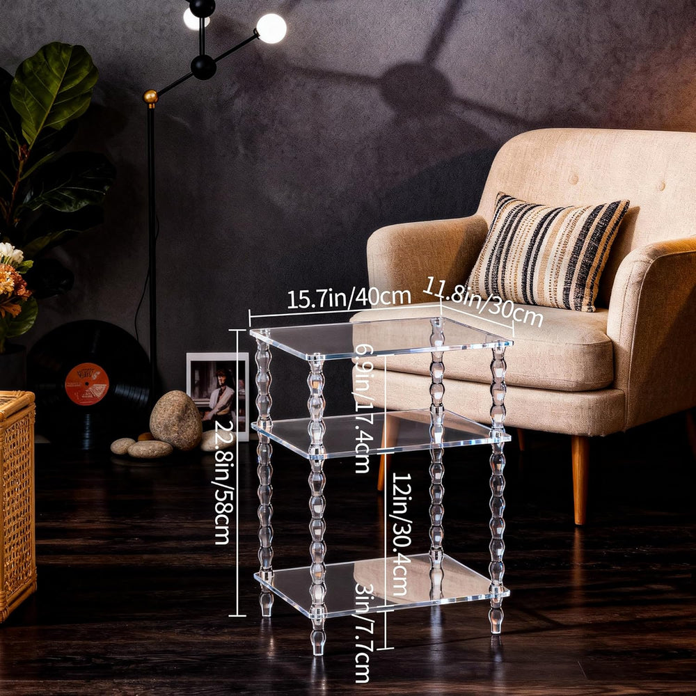 Acrylic Side Table Clear 3-Tier End Table for Living Room, Office, Hallway, B...