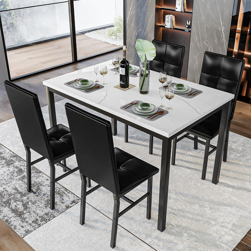 Hooseng Dining Table Set for 4, Faux Marble Small Kitchen Table with 4 PU Lea...