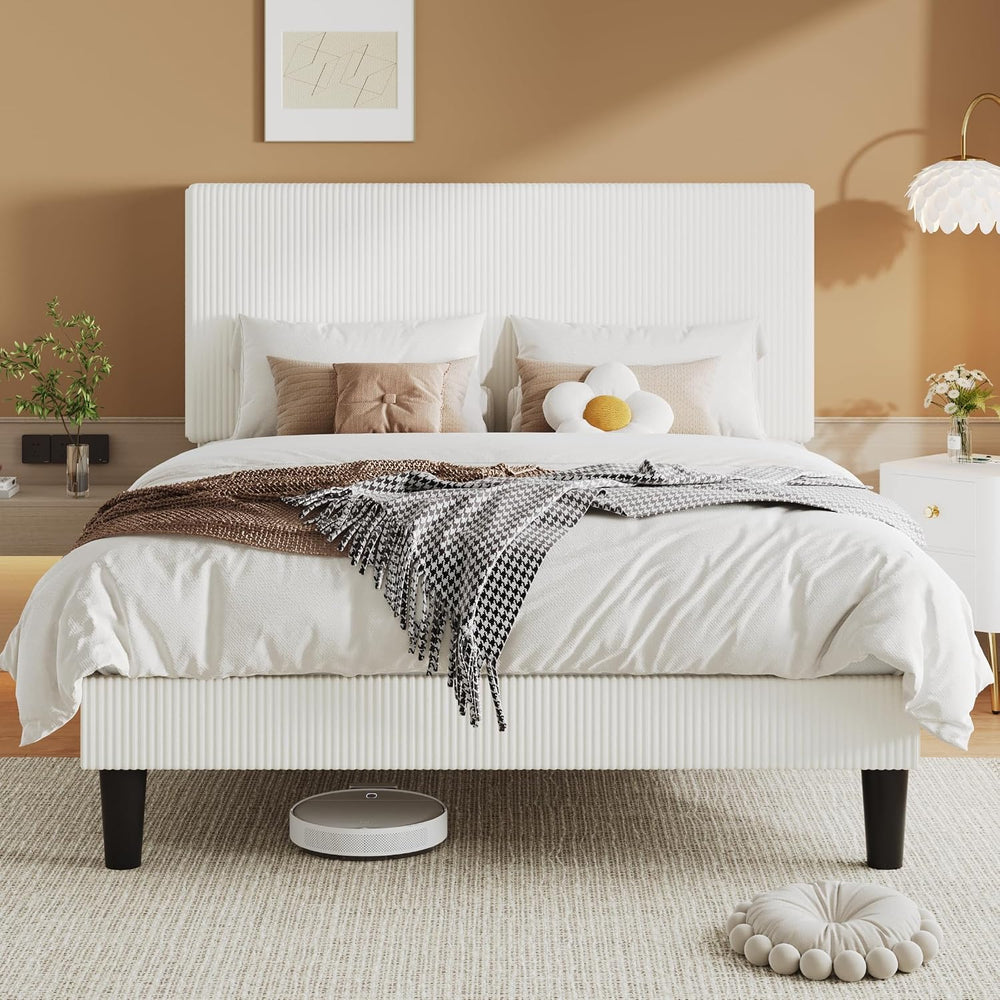 Allewie Queen Bed Frame, Corduroy Tufted Headboard, White