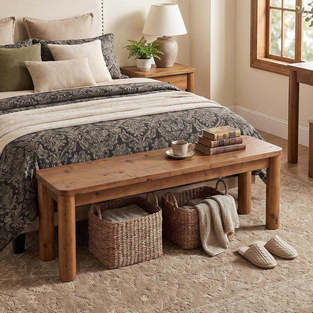 55" Solid Wood Entryway Bench | Farmhouse End of Bed Bench, Indoor Dinin...