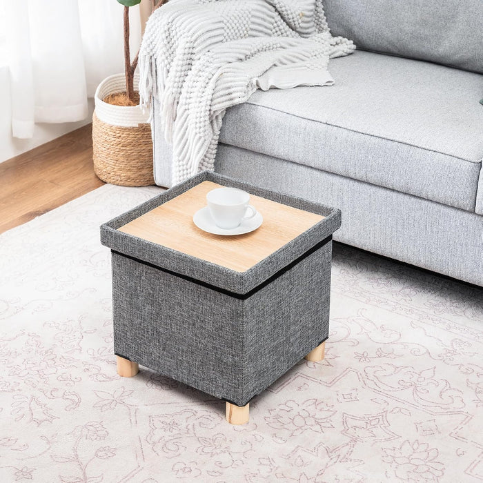 Asense Small Storage Ottoman,Foldable Foot Stool with Reversible Tray Lid and Wooden Legs,Square Ottoman Foot Rest Stool with Padded Seat,for Living Room Bedroom,14.9x14.9x13.3 Inches,Grey
