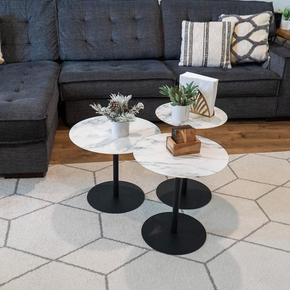 4-pcs Round Metal Coffee Table Set with Marble Finish Table Top and Black Pow...