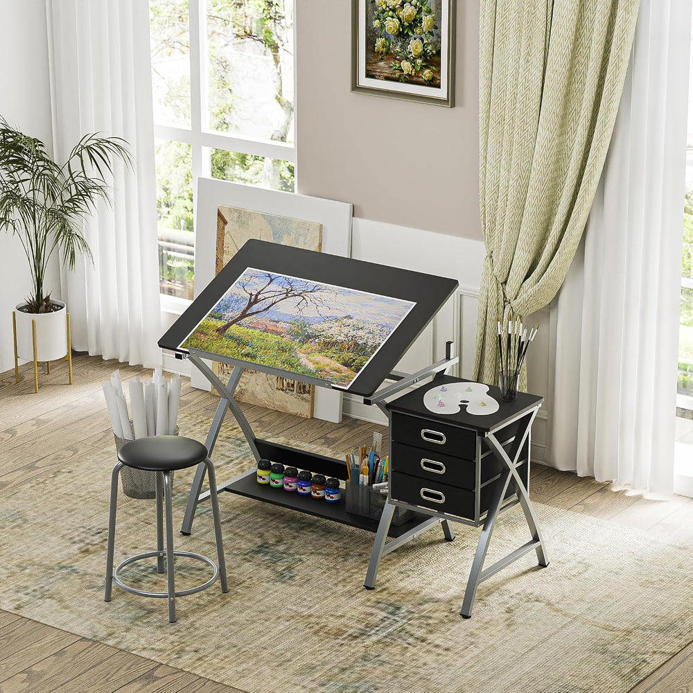 ZENY Drafting Table and Stool, Tilted Draft Table Desk w/Drawers, Artist Draw...