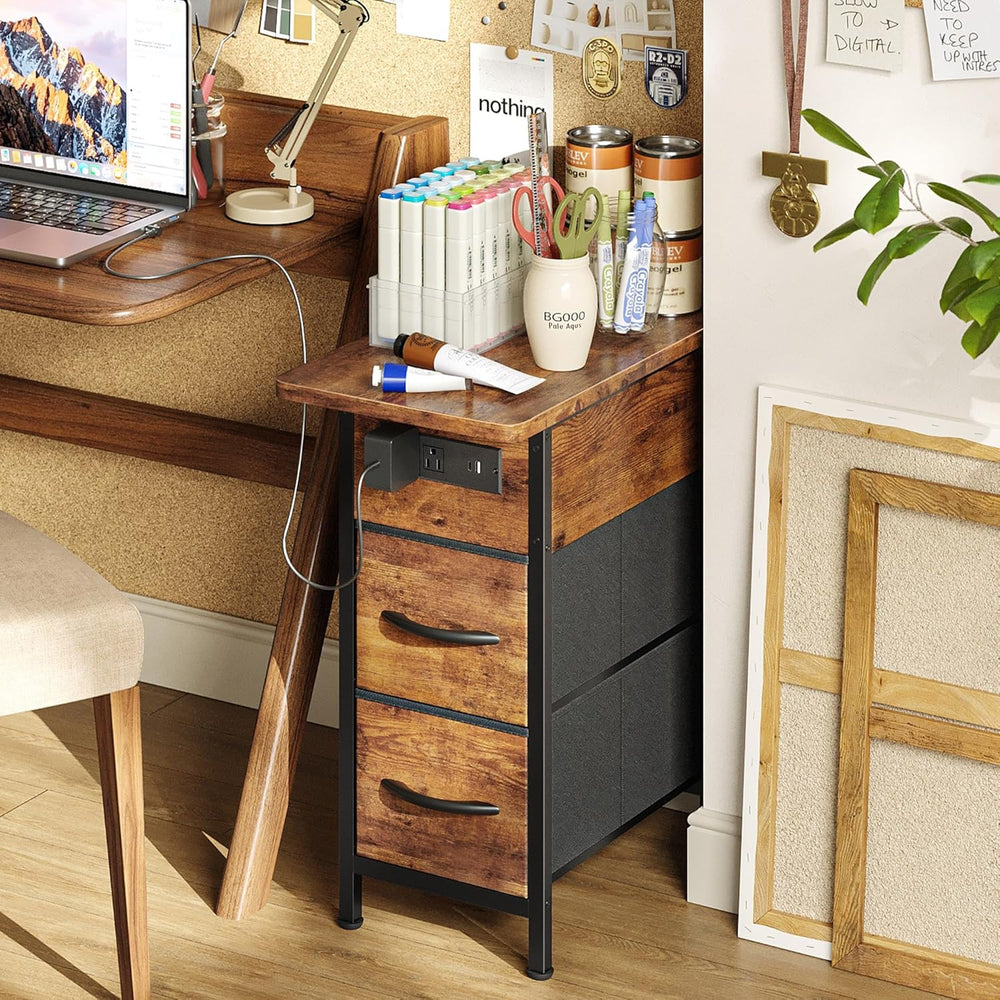 Huuger Narrow End Table with Charging Station, Side Table with 2 Drawers