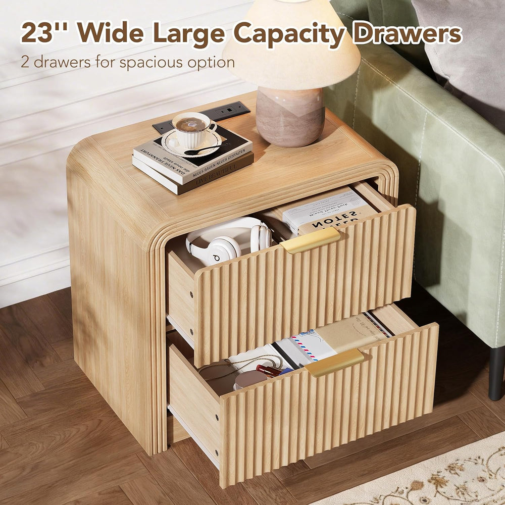 Decofy 23'' Wide Fluted Nightstand Set of 2 with Charging Station, Oa...