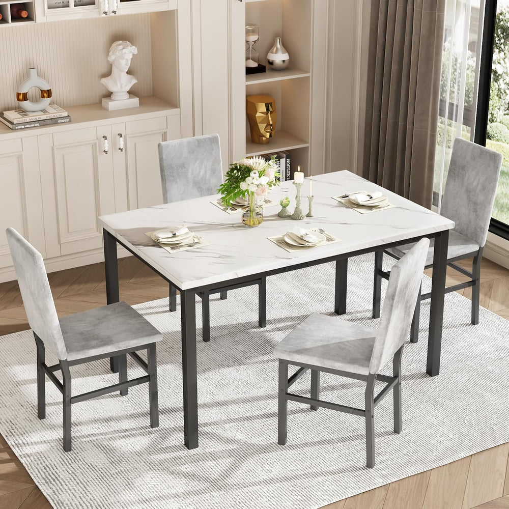 Dining Table Set for 4, 5-Piece Faux Marble Dining Set,4 Upholstered PU Chair...