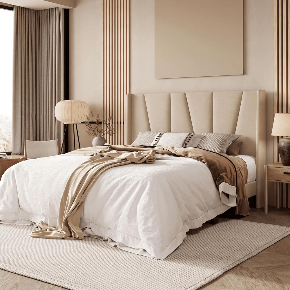 Allewie Queen Size Platform Linen Bed Frame with Headboard, Beige