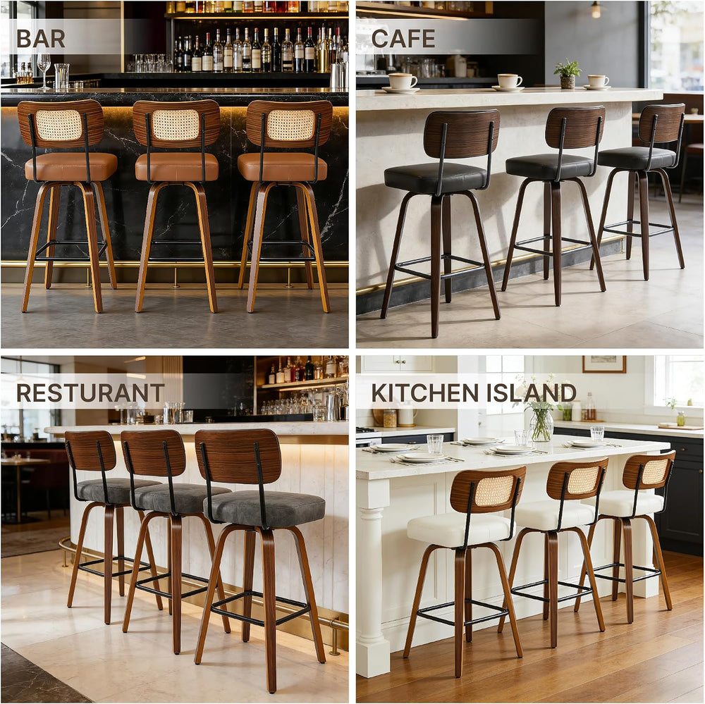Swivel Bar Stools Set of 3, 26" Counter Height with Rattan Back, Ivory