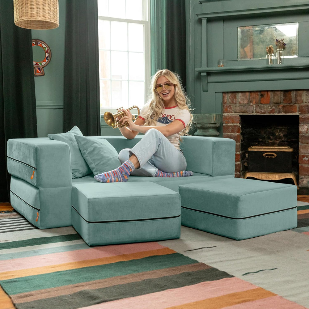 Jaxx Zipline Convertible Sleeper Loveseat & Ottomans, Textured Microvelve...