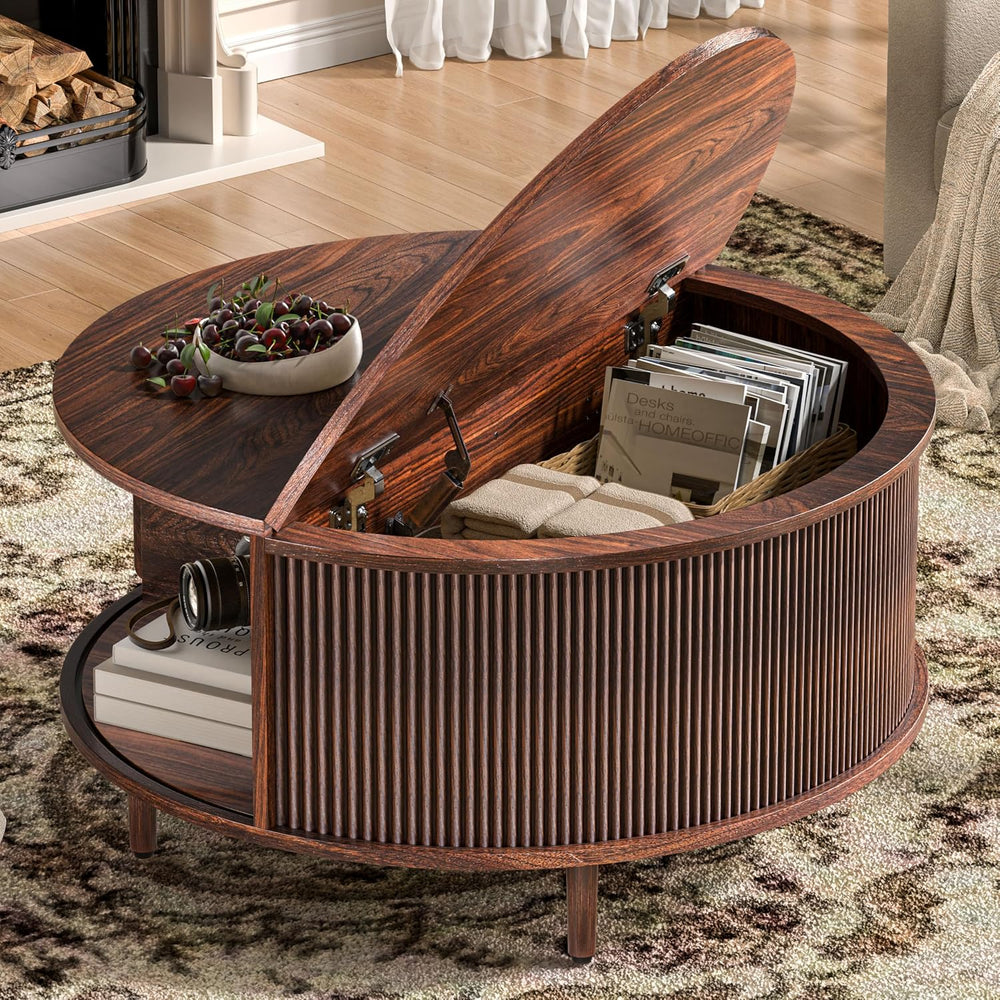 Round Coffee Table, 31.5" Fluted Center Table with Storage, Lift-Top Cof...
