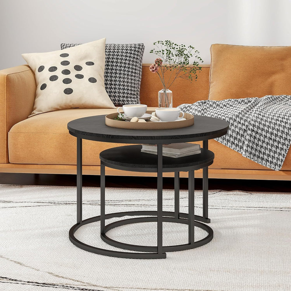 HOJINLINERO Round Nesting Coffee Table Set of 2,Wood Cocktail Table,Black | C...