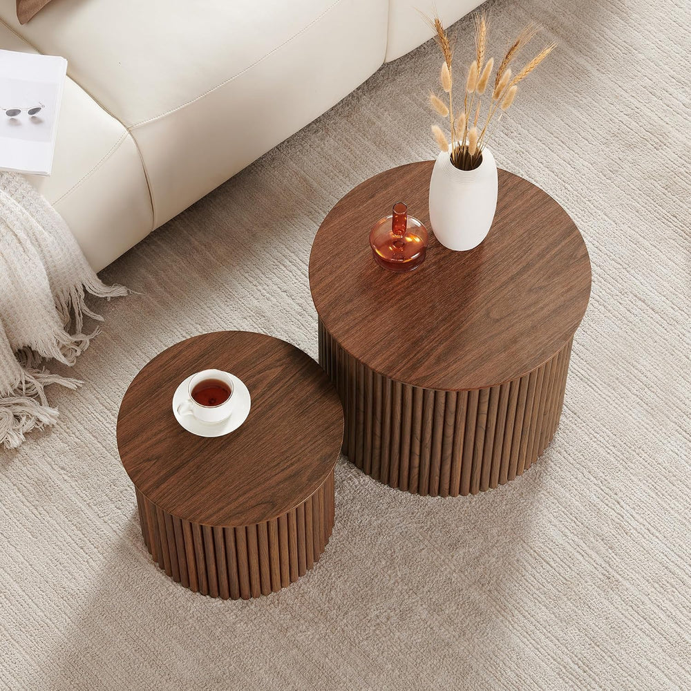 Small Fluted Round Nesting Coffee Table Set of 2, Mid Century Modern Coffee T...