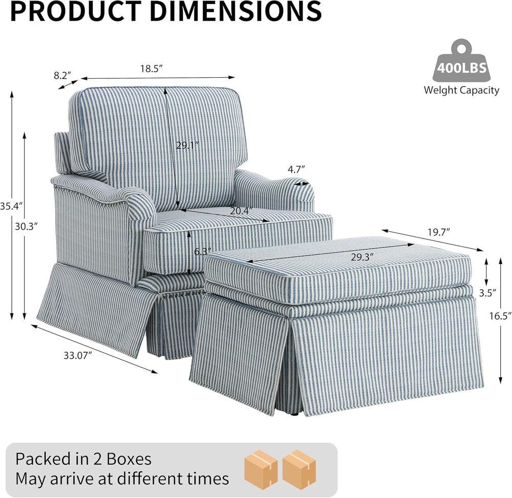 Swivel Accent Chair with Ottoman, Pinstripe Blue