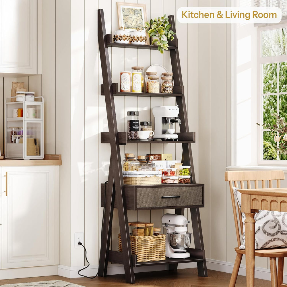 DynJest 5-Tier Bookshelf with Drawer, 70" Tall Ladder Shelf with Power O...