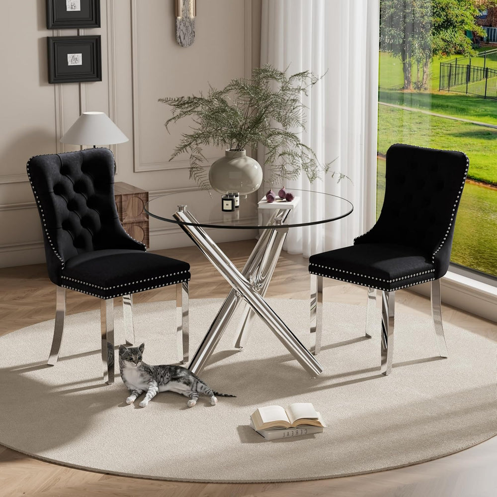 Modern Silver Round Glass Dining Table Set for 2, 36'' Luxury Minimal...
