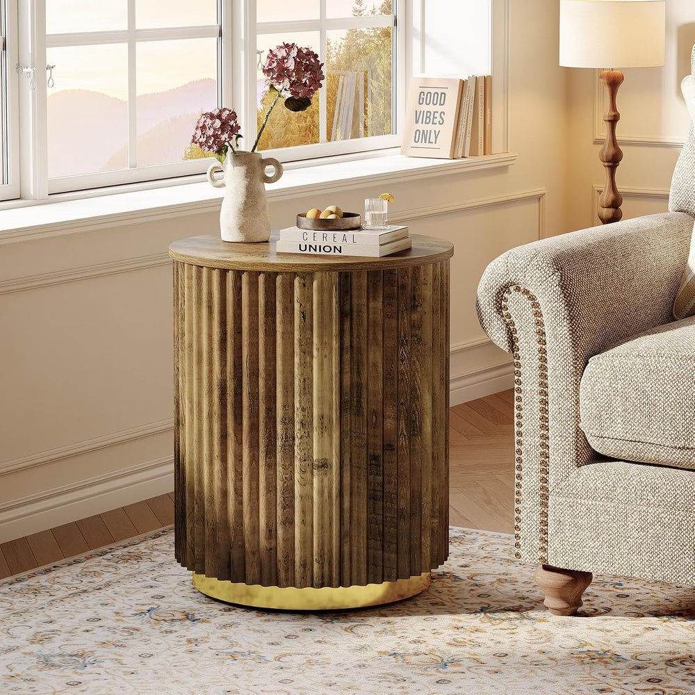 Tribesigns Fluted Round Side Table, Small Bedside Table for Sofa, Wooden Nigh...