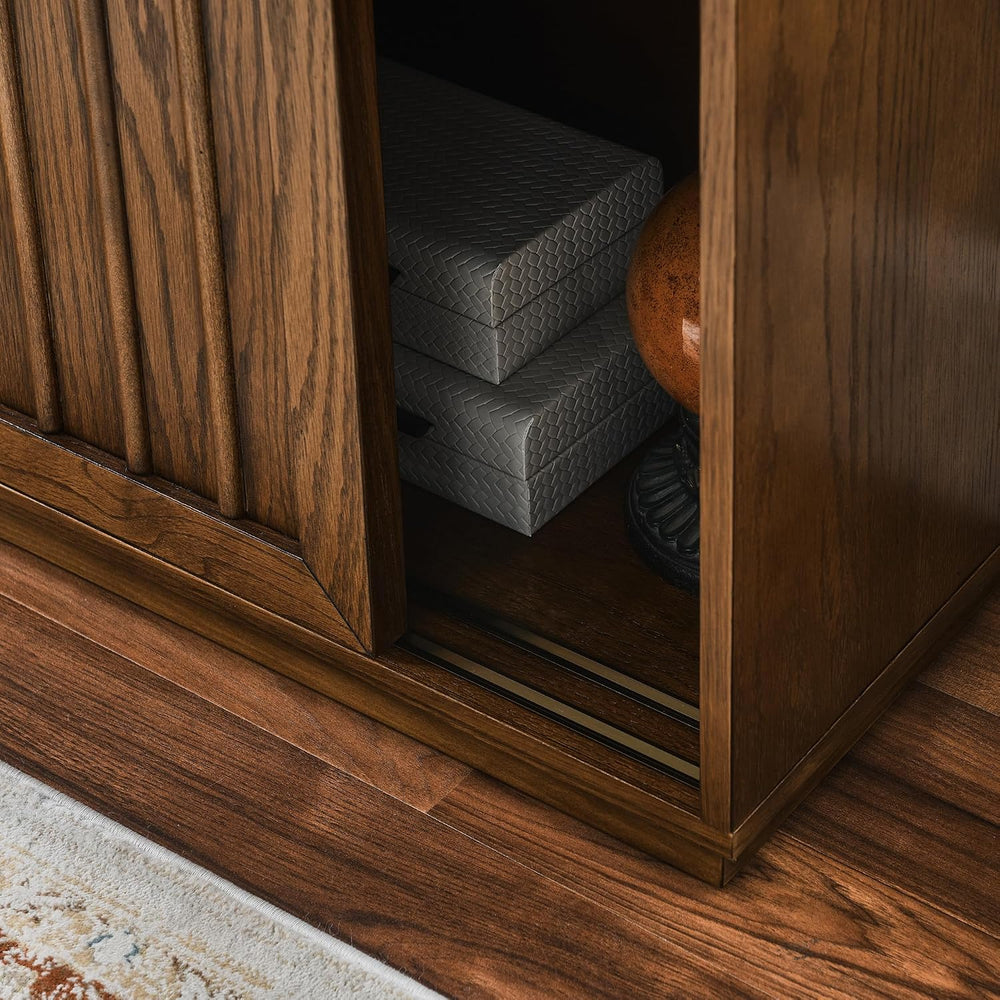Mid Century Modern Sideboard Cabinet | Slim Fluted Credenza with Sliding Door...
