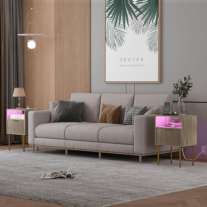 Modern Nightstand with Charging Station and LED Lights, White Bedside Table w...