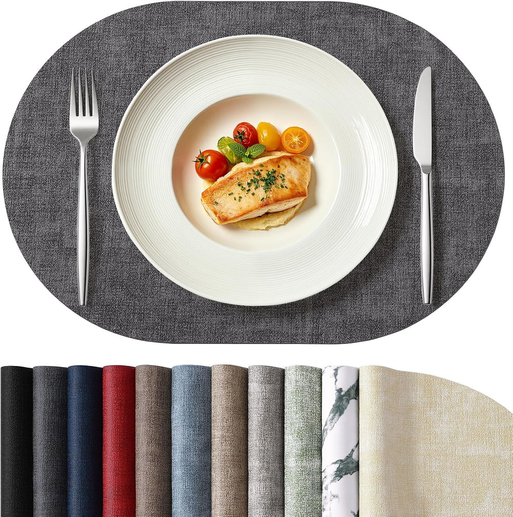 Homaxy Oval Faux Leather Placemats Set of 6, Easy to Clean, Dark Grey