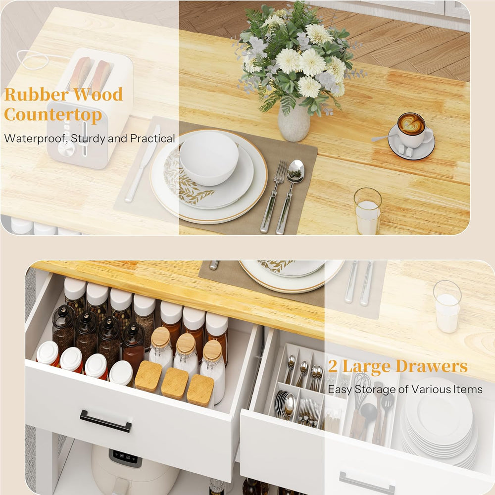 DynJest 47.3" Solid Rubberwood Kitchen Island with Power Outlets, White ...